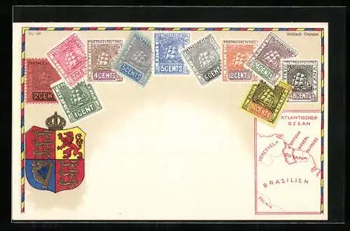 AK British Guyana, Briefmarken des Landes mit Wappen und Landkarte von Südamerika