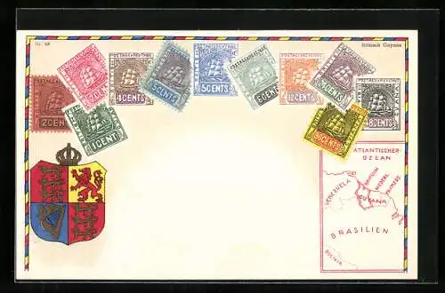 AK British Guyana, Briefmarken des Landes mit Wappen und Landkarte von Südamerika