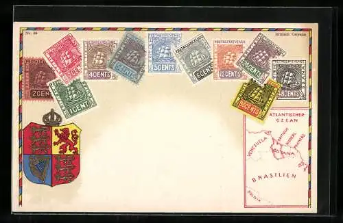 AK British Guyana, Briefmarken des Landes mit Wappen und Landkarte von Südamerika