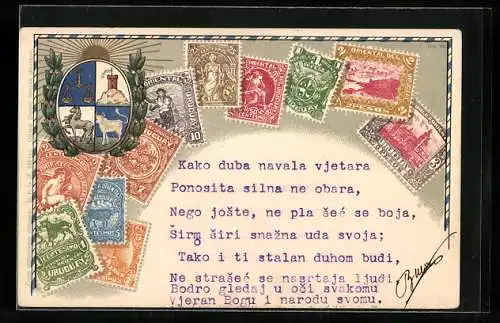 AK Briefmarken aus Uruguay, Wappen und Sonne