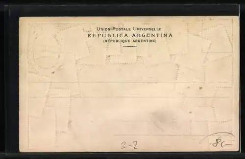 AK argentinische Briefmarken, Kranz mit Handschlagsbild darin, rote Zipfelmütze