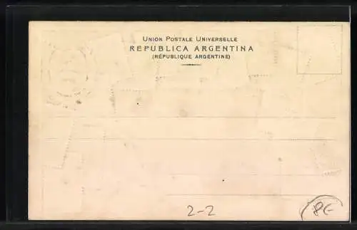 AK argentinische Briefmarken, Kranz mit Handschlagsbild darin, rote Zipfelmütze