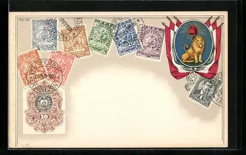 AK Briefmarken, Flaggen mit Löwen als Wappentier