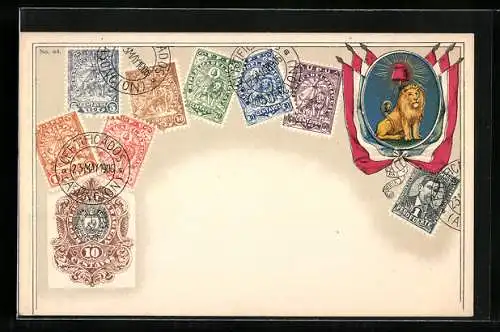 AK Briefmarken aus Paraguay mit Fahnen und Wappen