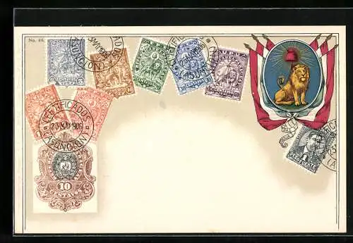 AK Briefmarken aus Paraguay mit Wappen und Fahnen