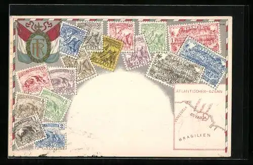 AK Briefmarken aus Guyana mit Landkarte und Fahne