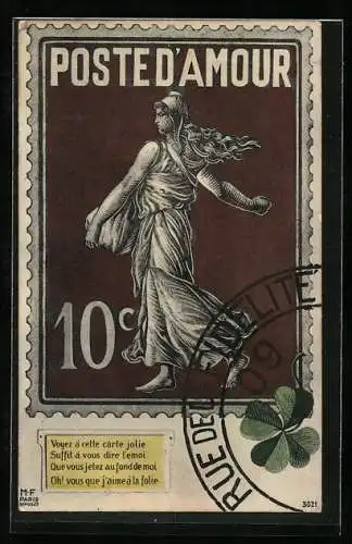 AK Poste d`Amour, Briefmarke mit Frauenfigur, Kleeblatt