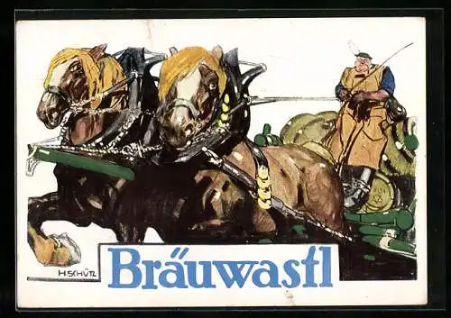 Künstler-AK Weilheim, Brauerei-Werbung d. Brauerei Bräuwastl, Brauereigespann