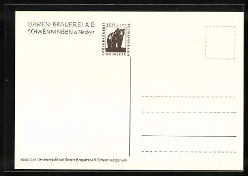 Künstler-AK Schwenningen a. Neckar, Nach langem Marsch, seit früh um vier freut man sich auf ein Bären-Bier, Brauerei