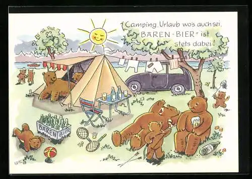 Künstler-AK Schwenningen a. Neckar, Camping, Urlaub wo`s auch sei, Bären-Bier ist stets dabei!, Brauerei-Werbung