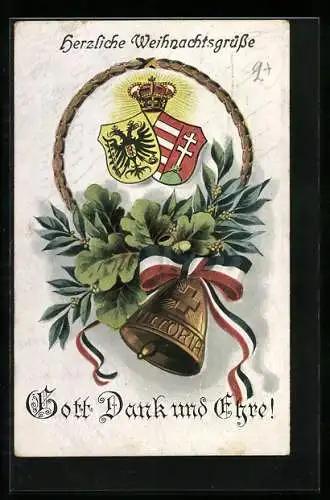 AK Glocke mit schwarz-weiss-roter Schleife, Wappen Österreich-Ungarn, Weihnachten, Krone, Zweibund