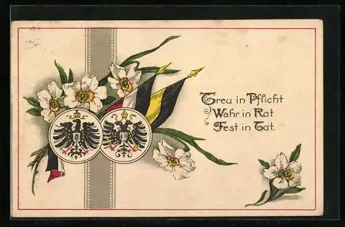 AK Narzissen mit Zweibund-Fahnen und Wappen