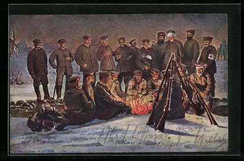 Künstler-AK Soldaten der Infanterie in Uniform an einem Lagerfeuer