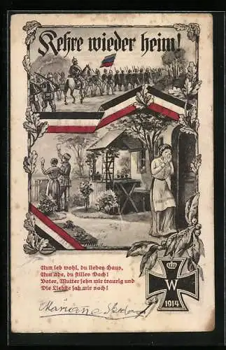 AK Soldat nimmt Abschied von Familie, Eisernes Kreuz und Reichsfahne