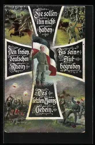 Künstler-AK Schlachtenszene, Eisernes Kreuz mit Text, Soldat mit Nationalflagge