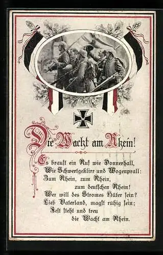 Künstler-AK Erfolgreiche deutsche Soldaten, Eisernes Kreuz, Gedicht Wacht am Rhein