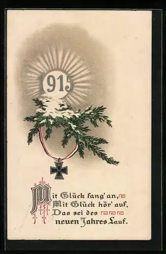 Lithographie Jahreszahl 1915 in Sonne, Schneebedeckter Tannenzweig, Eisernes Kreuz - Neujahrsgruss