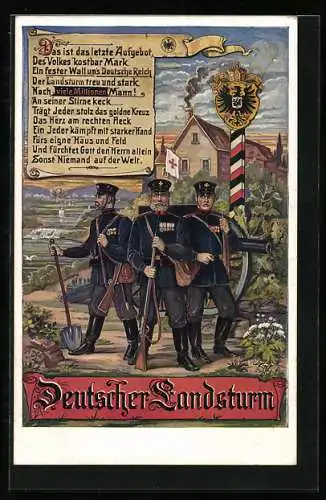 Lithographie Deutscher Landsturm, Soldaten am Landeswappen, Rotes Kreuz