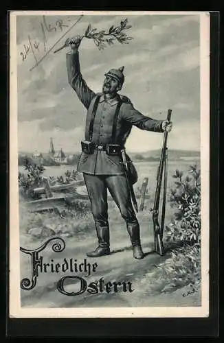 AK Soldat in Uniform mit einem Zweig, Ostergruss