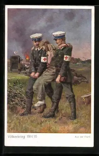 AK Rostes Kreuz, Soldaten in Uniform tragen einen Verwundeten, Völkerkrieg 1914-15, Rotes Kreuz