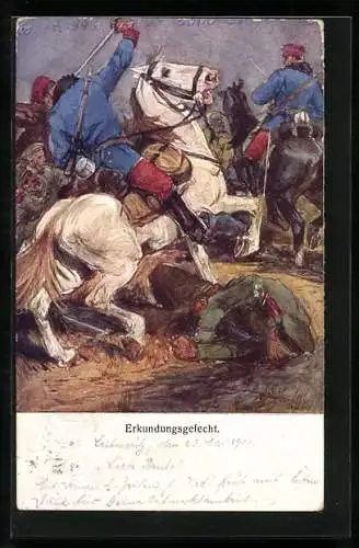 AK Rotes Kreuz Nr. 195: Kavalleristen und Verwundeter beim Erkundungsgefecht