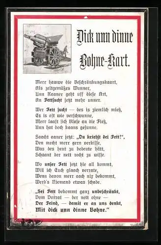 AK Das Gedicht Dick und dinne Bohne-Kart, Geschütz, Kriegsnot