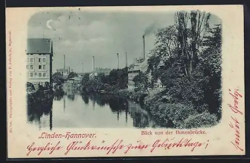 Mondschein-AK Linden-Hannover, Blick von der Ihmenbrücke