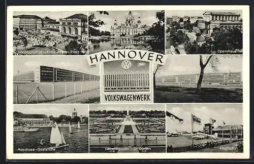 AK Hannover, Maschsee-Gaststätte, Volkswagenwerk, Hauptbahnhof mit Ernst-August-Platz