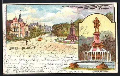 Lithographie Hannover, Platz mit Kriegerdenkmal und Strassenbahn, Ebhardt-Denkmal