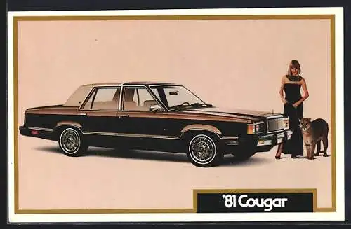 AK Auto `81 Cougar, Mercury `81, Dame im Abendkleid mit Puma an der Leine