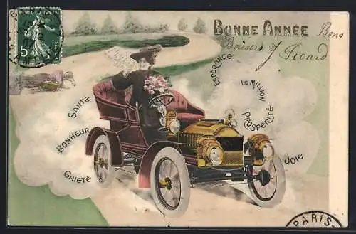 AK Neujahrsgratulantin 1908 fährt im Auto vor