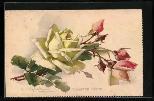 Künstler-AK Catharina Klein: Gelbe Rose mit Knospen und grünen Blättern