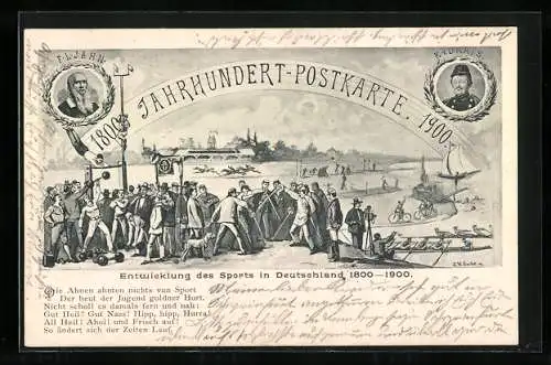 Künstler-AK Deutschland, Jahrhundert-Postkarte, Entwicklung des Sports 1800-1900, Turner und Fechter, Turnvater Jahn