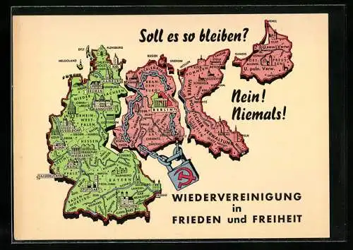 AK Deutsche Wiedervereinigung in Freiheit und Frieden, das zerrissene Deutschland innerhalb seiner Grenzen von 1937