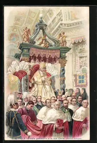 Lithographie Vatikan, Basilica Vaticana, Papst Leo XIII. in sedia gestatoria e la sua Corte