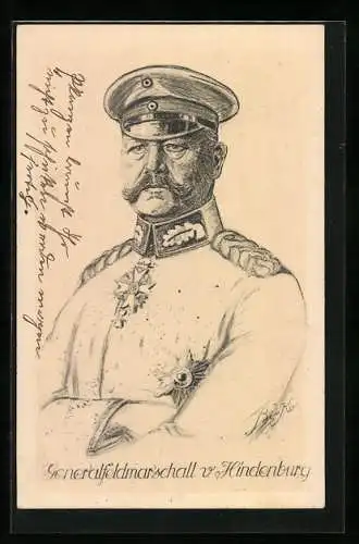 Künstler-AK Paul von Hindenburg, der Feldmarschall in Uniform mit Schirmmütze