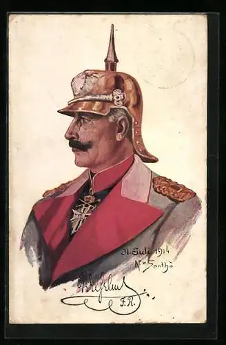 Künstler-AK Kaiser Wilhelm II. in Uniform mit Pickelhaube