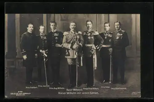 AK Kaiser Wilhelm II. mit seinen Söhnen, Prinz Joachim, Prinz Adalbert und Prinz Oskar