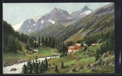 Künstler-AK Ginzling, Gasthaus Neu-Breitlahner im Zillertal, Panorama