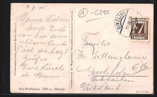 Künstler-AK Ginzling, Gasthaus Neu-Breitlahner im Zillertal, Panorama