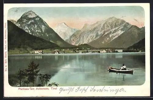 AK Pertisau am Achensee, Panorama mit Boot