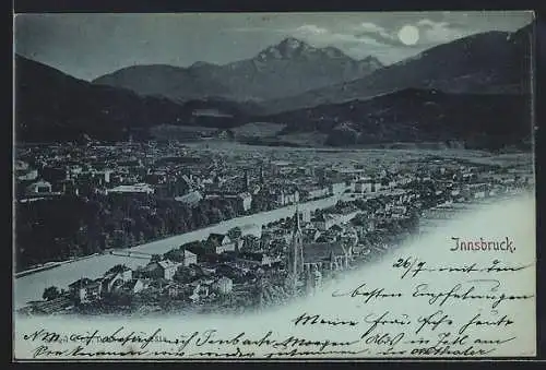 Mondschein-AK Innsbruck, Teilansicht mit Kirche