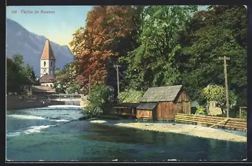 AK Aussee, Wasserpartie mit Blick zur Kirche