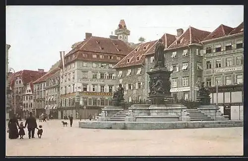 AK Graz, Hauptplatz mit Cafe Nordstern und Denkmal