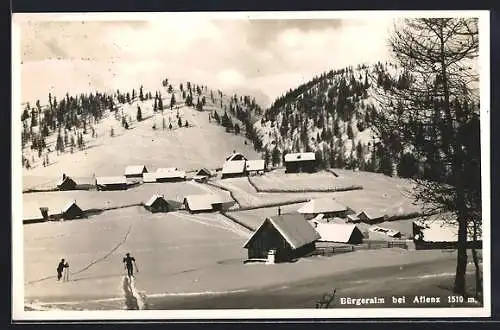 AK Aflenz, Bürgeralm im Schnee mit Skifahrern