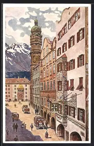 Künstler-AK Innsbruck, Gasthof und Weinhaus Weisses Kreuz, Bes. J. Ortner, Herzog-Friedrich-Strasse 31