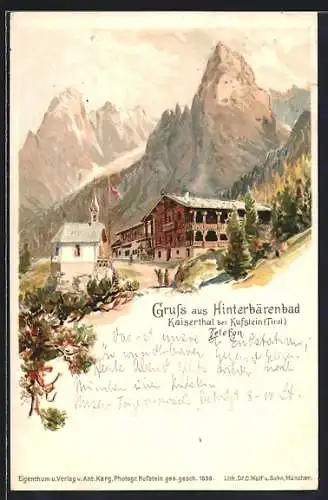 Lithographie Hinterbärenbad, Kleine Kapelle und Wirtschaft