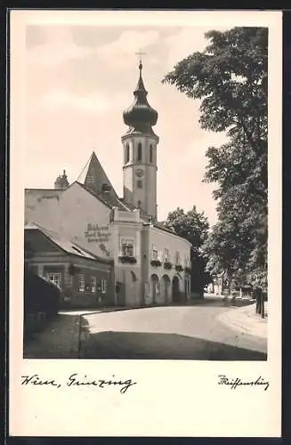 AK Wien, Grinzing, Bäckerei Josef Berger und der Kirchturm