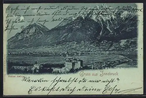 Mondschein-AK Innsbruck, Ortsansicht mit Schloss Ambras gegen die Berge