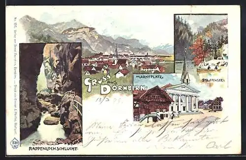 Lithographie Dornbirn, Rappenlochschlucht, Marktplatz, Stauffensee